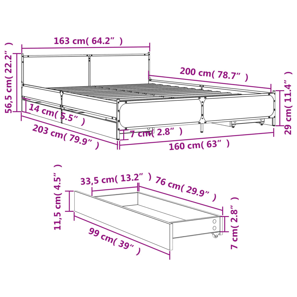 vidaXL Okvir za krevet s ladicama boja hrasta 160x200 cm drveni