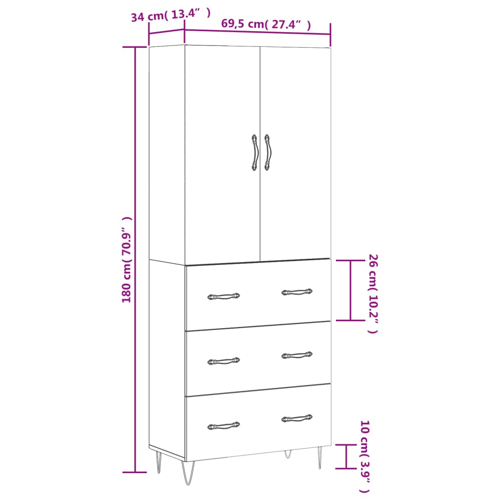 vidaXL Visoka komoda boja hrasta 69,5x34x180 cm od konstruiranog drva