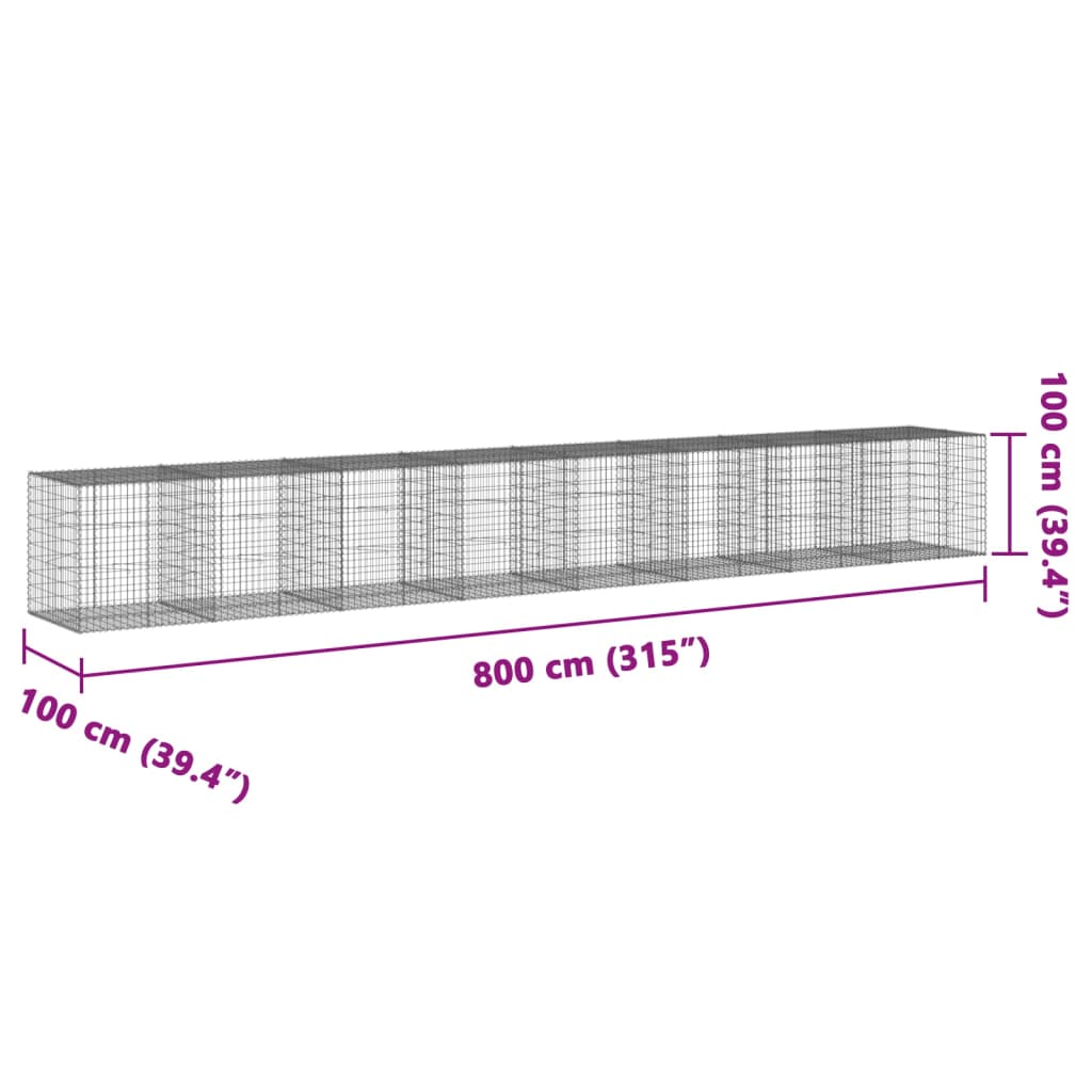 vidaXL Gabionska košara s poklopcem 800x100x100 cm pocinčano željezo