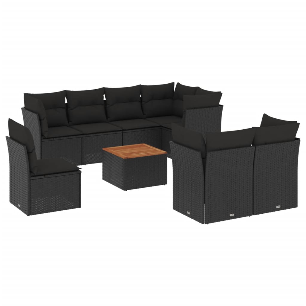 vidaXL 9-dijelni set vrtnih sofa s jastucima crni od poliratana