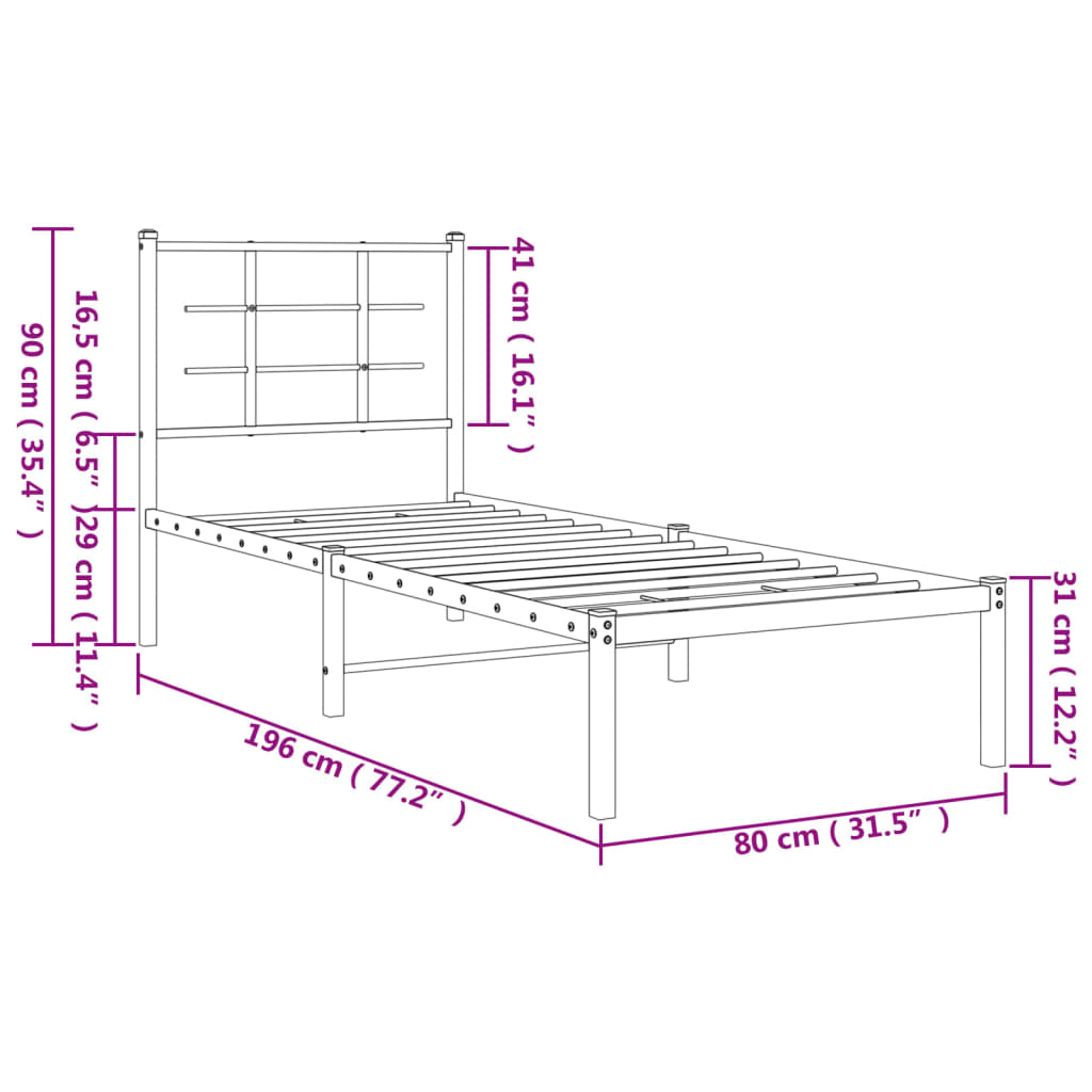 vidaXL Metalni okvir krevet bez madraca s uzglavljem bijeli 75x190 cm