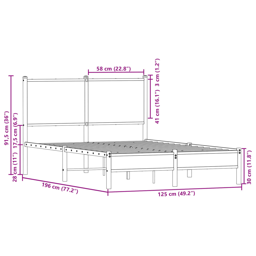 vidaXL Metalni okvir kreveta s uzglavljem smeđa boja hrasta 120x190 cm