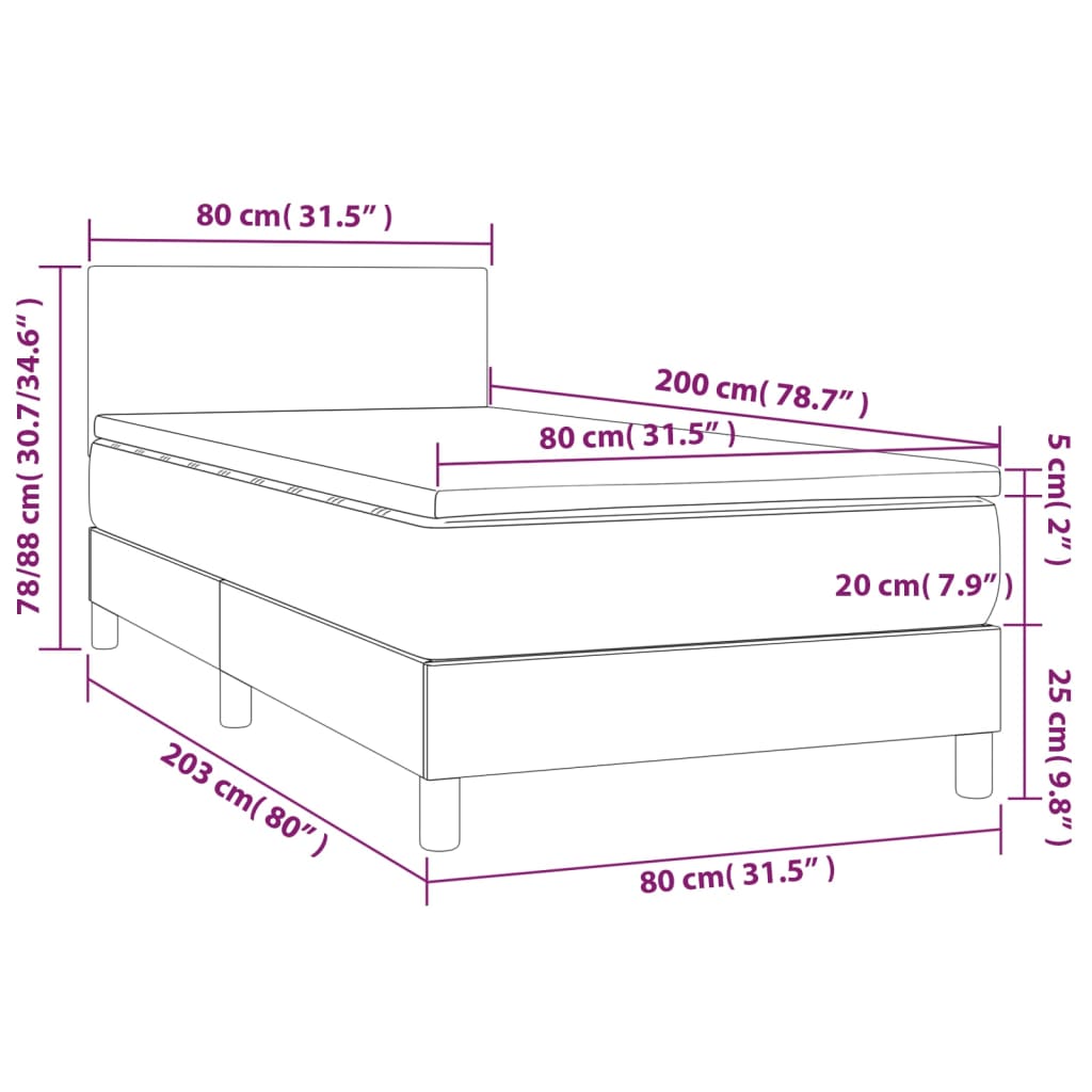 vidaXL Krevet box spring s madracem LED sivi 80x200 cm od umjetne kože