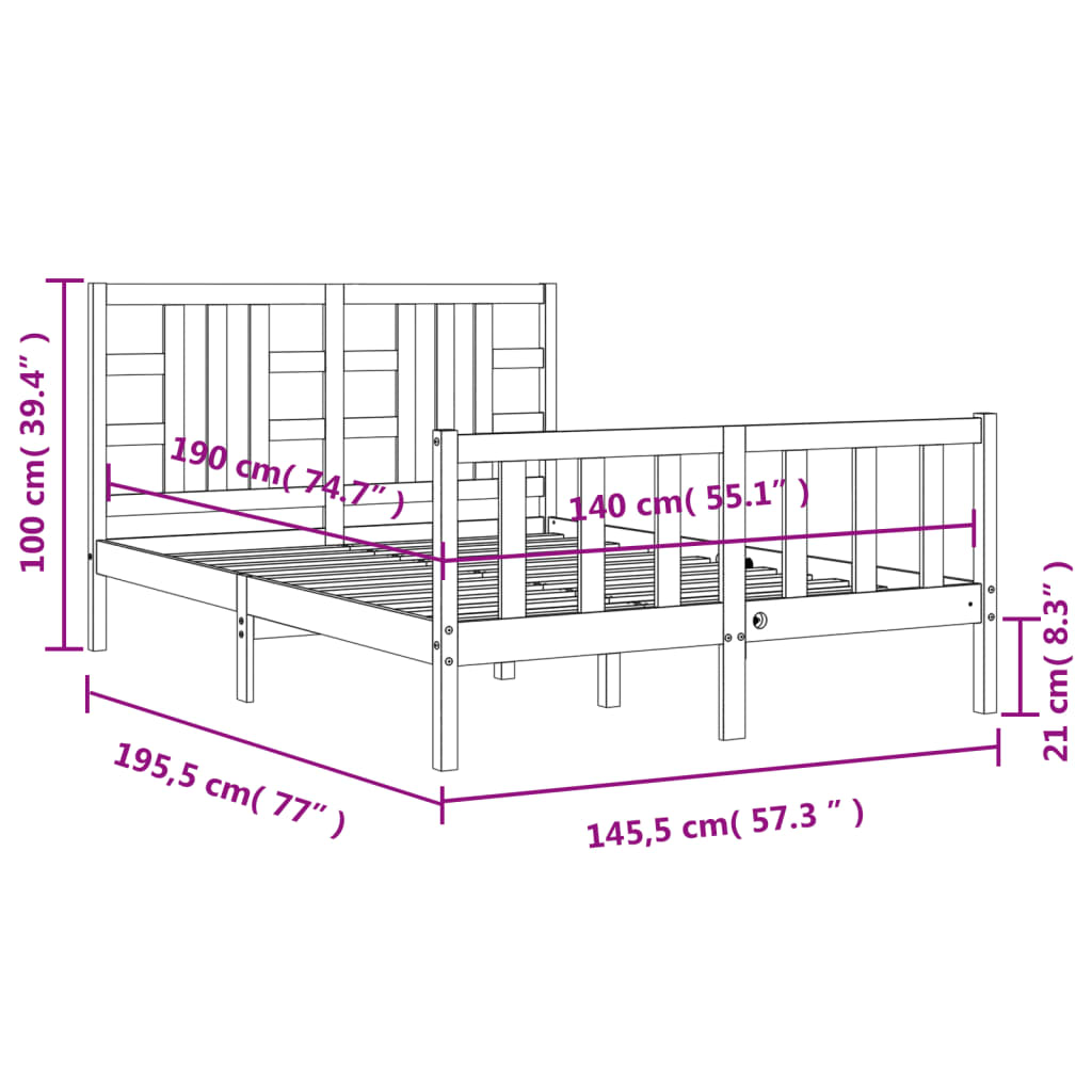 vidaXL Okvir kreveta s uzglavljem bijeli 140 x 190 cm od masivnog drva