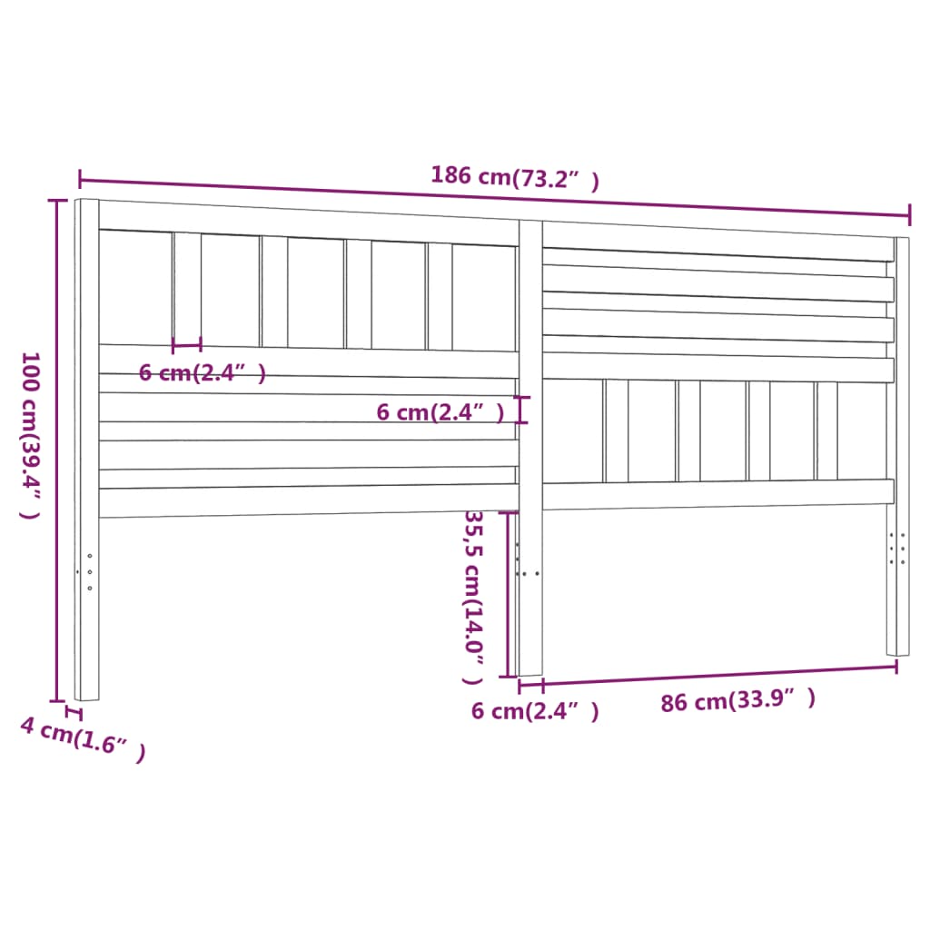 vidaXL Uzglavlje za krevet crno 186 x 4 x 100 cm od masivne borovine