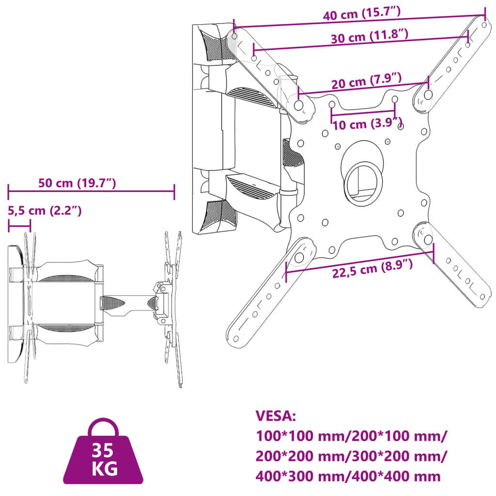 vidaXL Zidni nosač za zaslon od 32-55 inča maks. VESA 400x400 mm 35 kg