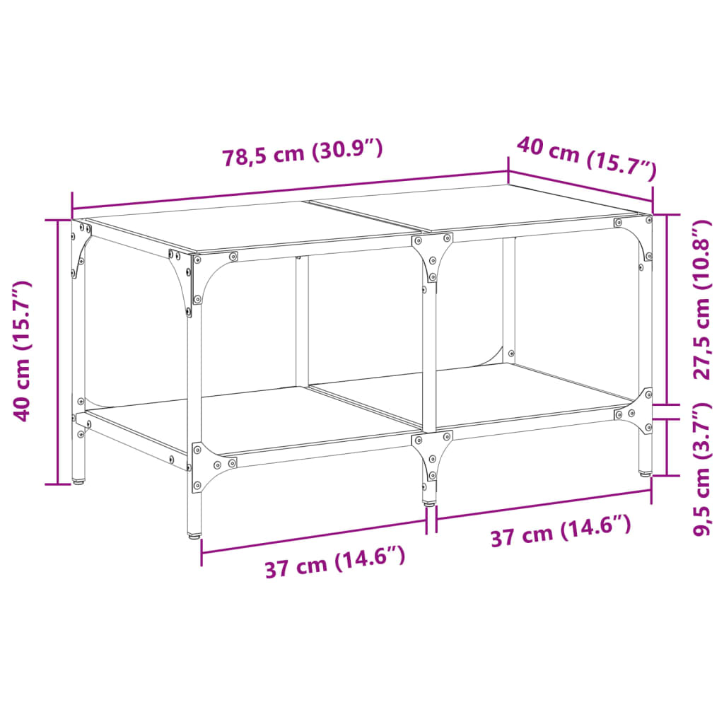 vidaXL Stolić s prozirnom staklenom površinom 78,5x40x40 cm čelik