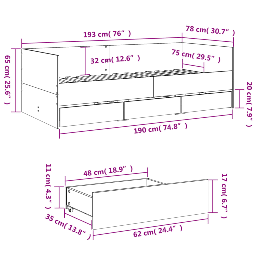 vidaXL Dnevni krevet s ladicama bez madraca siva boja betona 75x190 cm