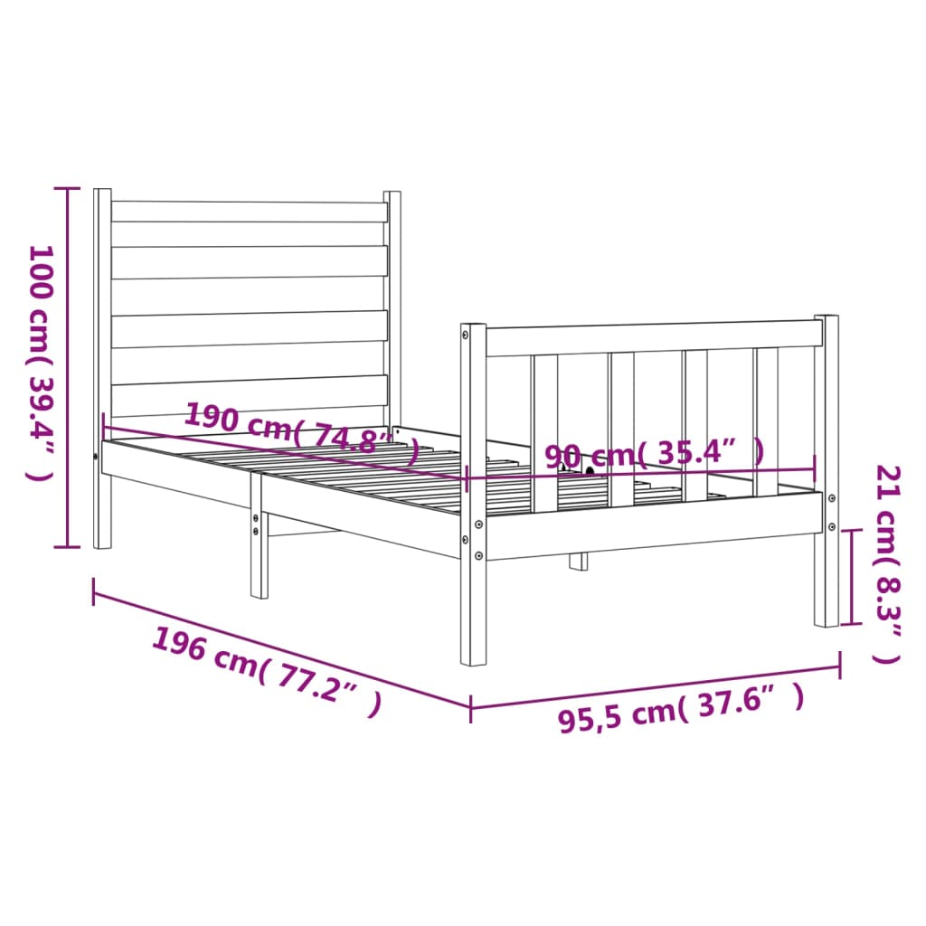 vidaXL Okvir kreveta s uzglavljem bijeli 90 x 190 cm od masivnog drva