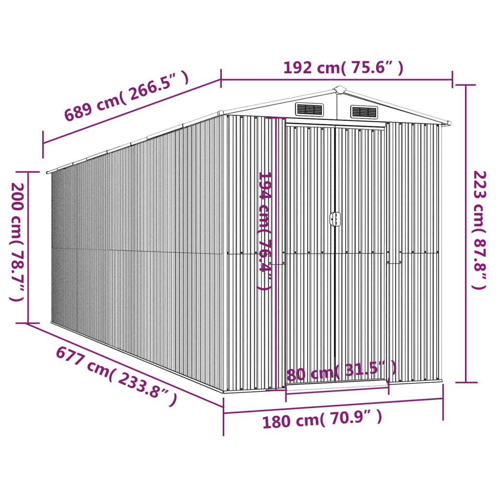 vidaXL Vrtno spremište tamnosmeđe 192x689x223 cm pocinčani čelik