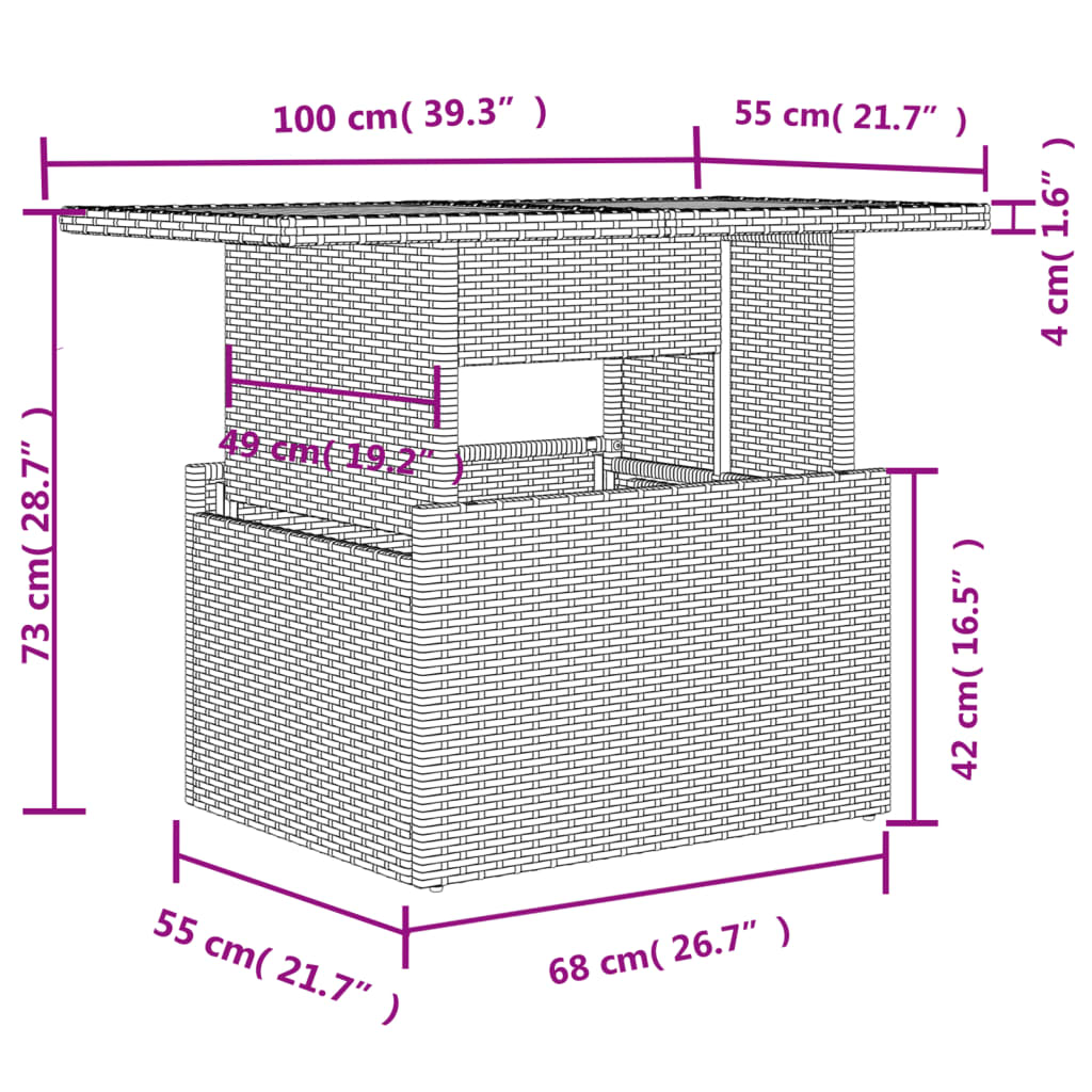 vidaXL Vrtni stol sa staklenom pločom bež 100 x 55 x 73 cm poliratan