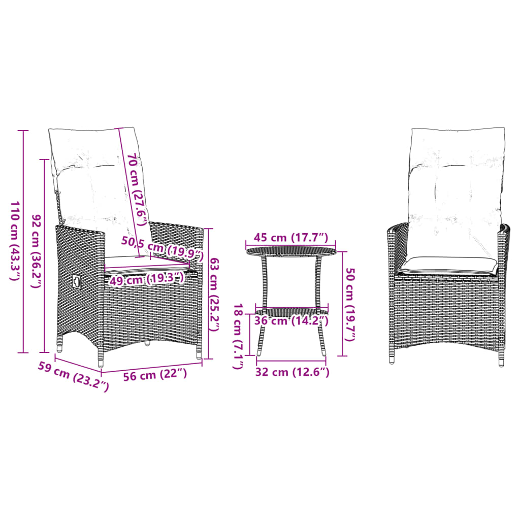 vidaXL 3-dijelni bistro set s jastucima crni od poliratana