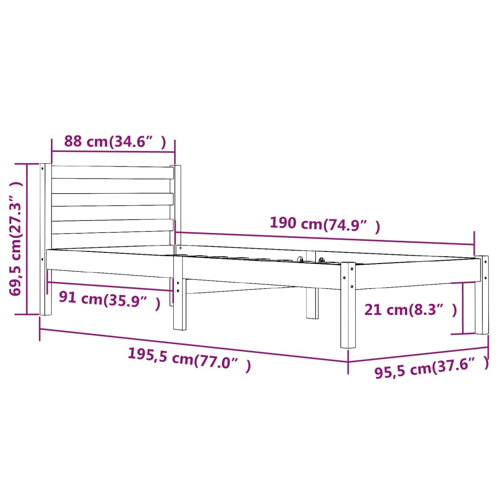 vidaXL Okvir za krevet od borovine 90x190 cm bijeli 3FT jednokrevetni