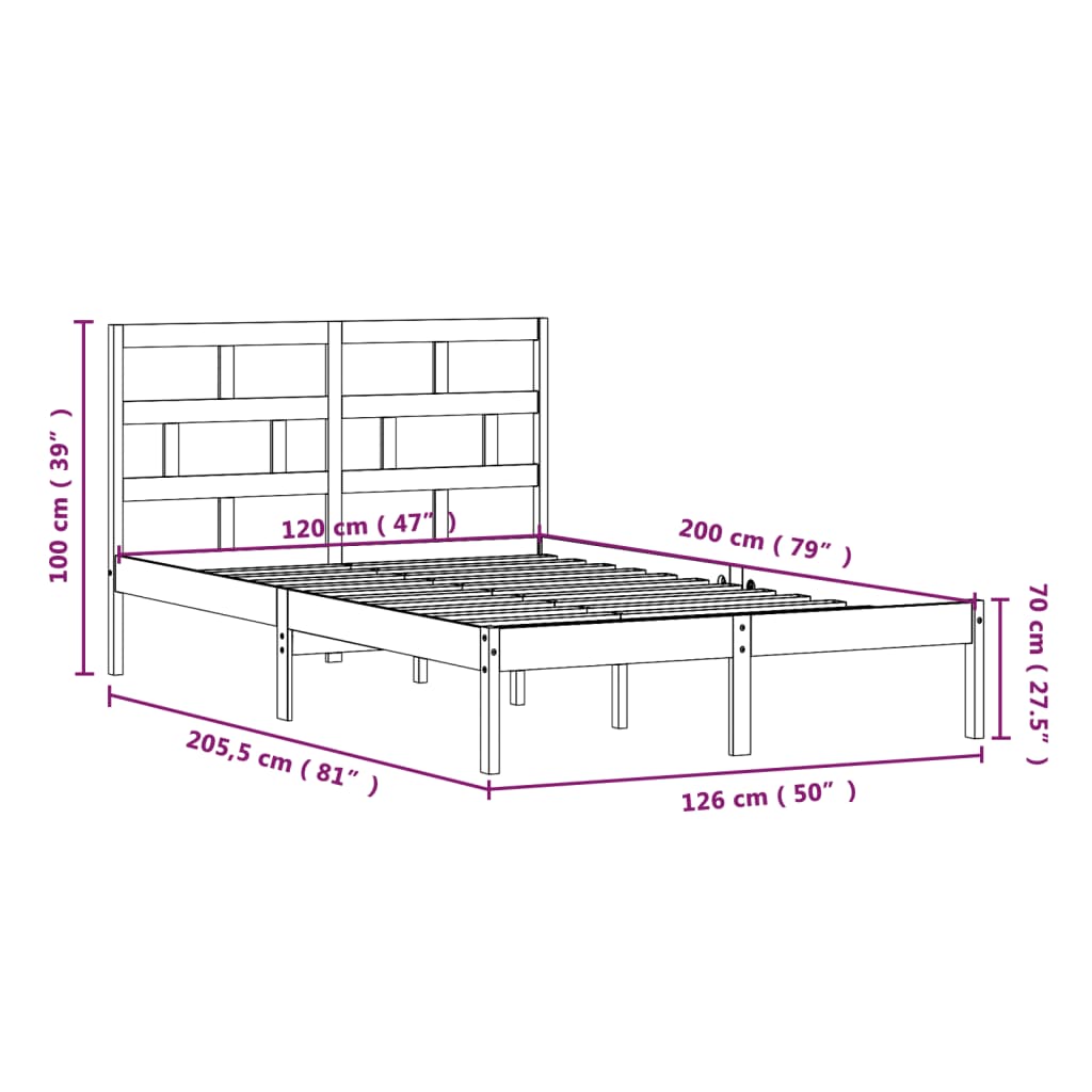 vidaXL Okvir za krevet od masivne borovine 120 x 200 cm