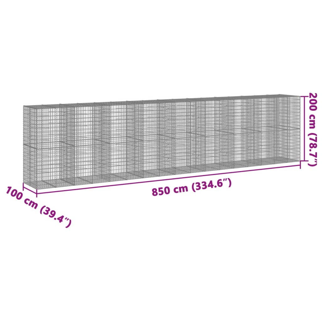 vidaXL Gabionska košara s poklopcem 850x100x200 cm pocinčano željezo