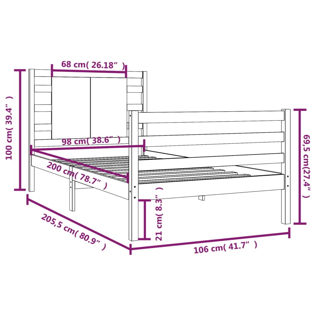 vidaXL Okvir za krevet od masivne borovine crni 100 x 200 cm