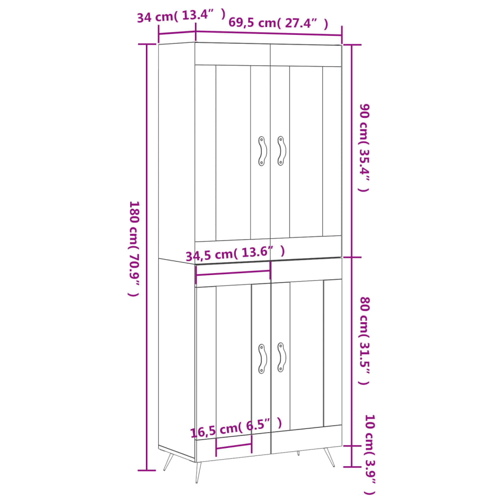 vidaXL Visoka komoda dimljeni hrast 69,5x34x180 cm konstruiranog drva