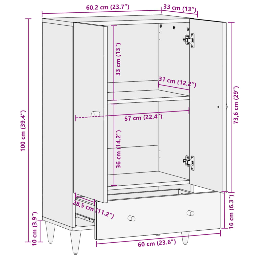 vidaXL Visoka komoda 60 x 33 x 100 cm od masivnog drva manga