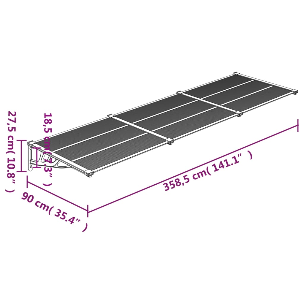 vidaXL Nadstrešnica za vrata crna i prozirna 358,5x90 cm polikarbonat