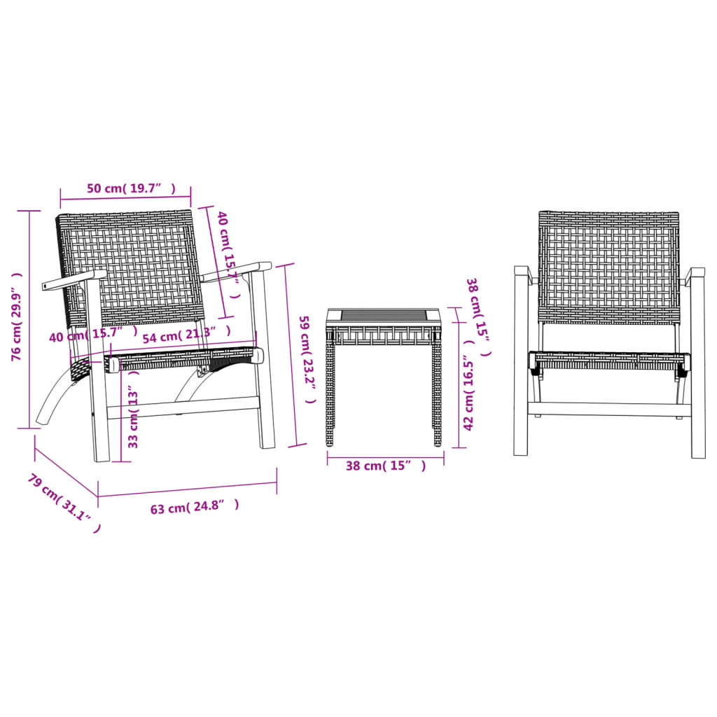 vidaXL 3-dijelni bistro set od poliratana i bagremovog drva crni