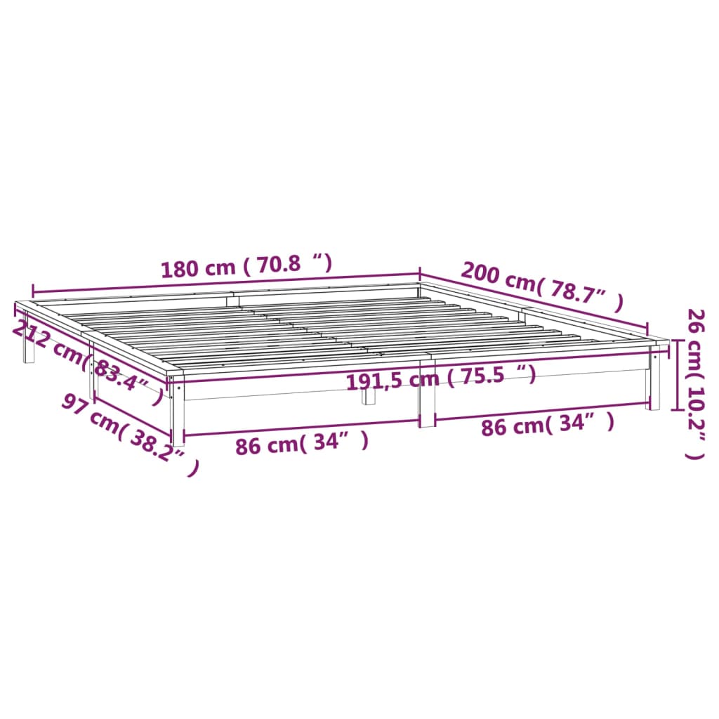 vidaXL LED okvir kreveta sivi 180 x 200 cm veliki bračni masivno drvo