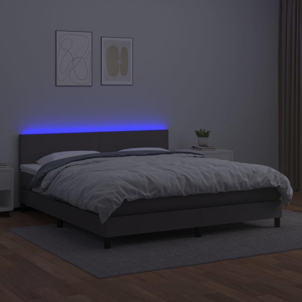 vidaXL Krevet box spring s madracem LED sivi 160x200cm od umjetne kože