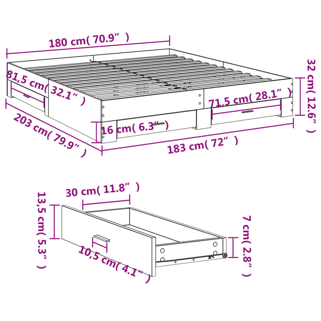 vidaXL Okvir za krevet s ladicama smeđa boja hrasta 180x200cm drveni