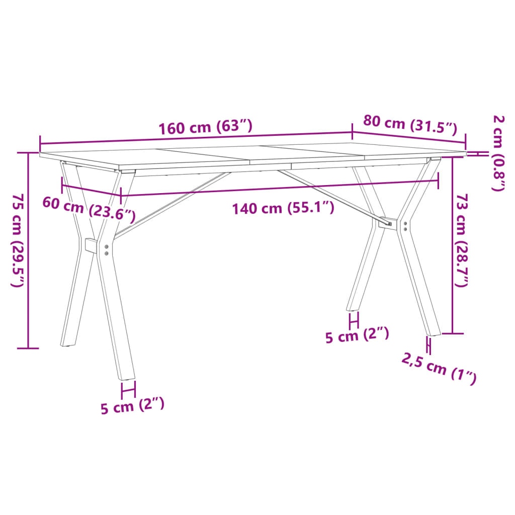 vidaXL Blagovaonski stol Y-oblika 160x80x75 cm od borovine i željeza