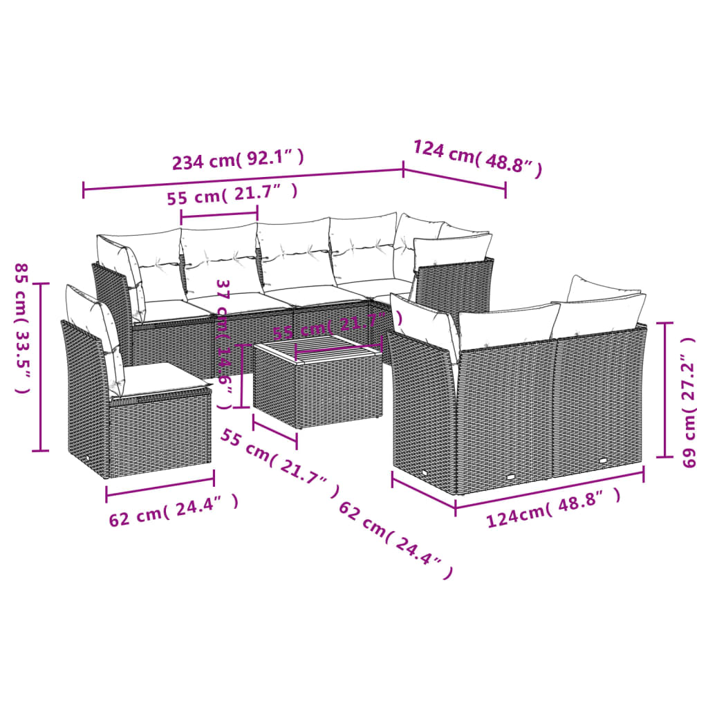 vidaXL 9-dijelni set vrtnih sofa s jastucima crni od poliratana