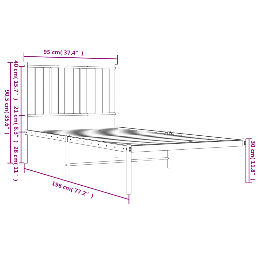 vidaXL Metalni okvir za krevet s uzglavljem bijeli 90 x 190 cm