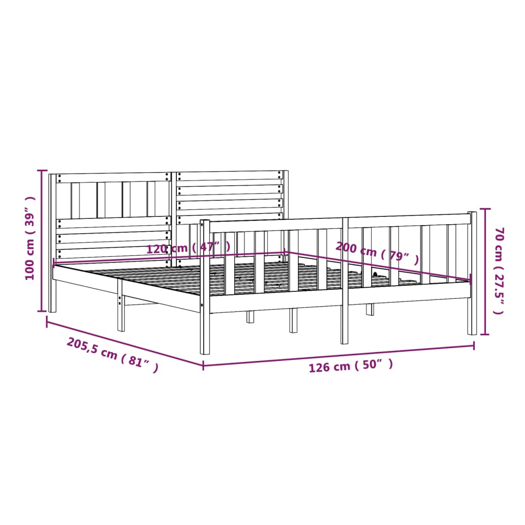 vidaXL Okvir za krevet od masivnog drva crni 120 x 200 cm