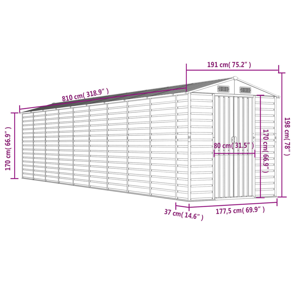 vidaXL Vrtno spremište antracit 191 x 810 x 198 cm pocinčani čelik