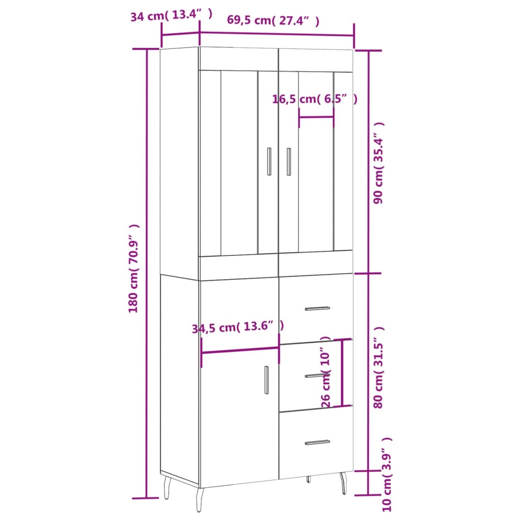 vidaXL Visoka komoda crni 69,5x34x180 cm konstruirano drvo