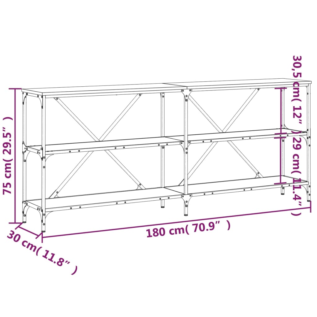 vidaXL Stolić za kavu boja hrasta 180 x 30 x 75 cm od drva i željeza