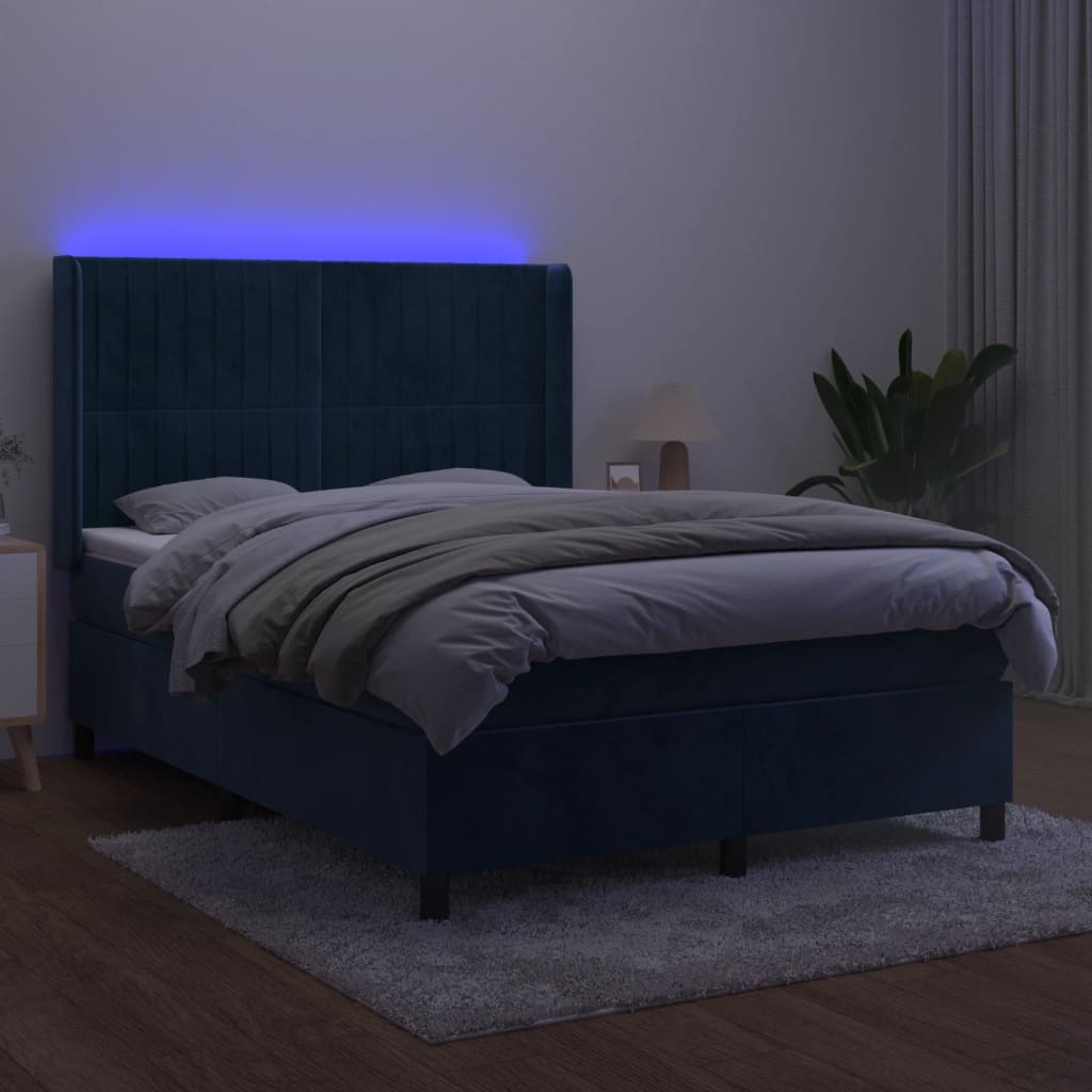 vidaXL Krevet box spring s madracem LED tamnoplavi 140x190 cm baršun