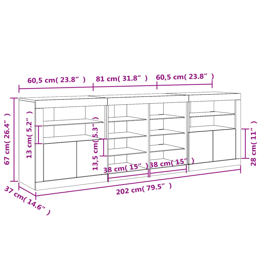 vidaXL Komoda s LED svjetlima bijela 202x37x67 cm