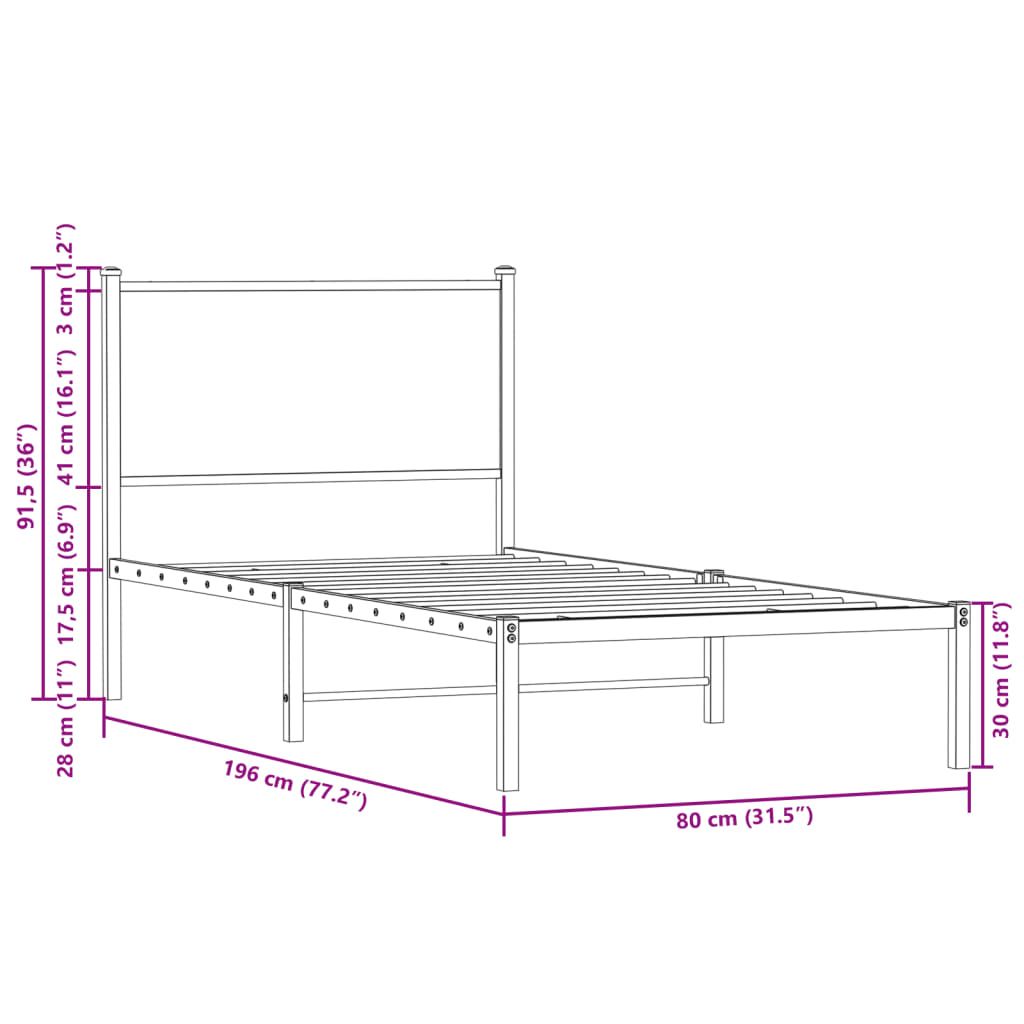 vidaXL Metalni okvir kreveta bez madraca boja hrasta 75x190 cm