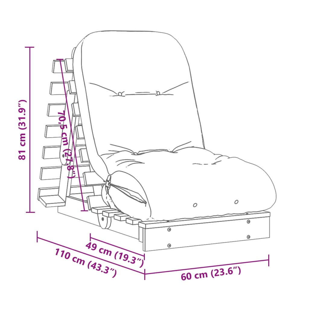 vidaXL Futon na razvlačenje s madracem smeđi 60 x 206 x 11 cm borovina