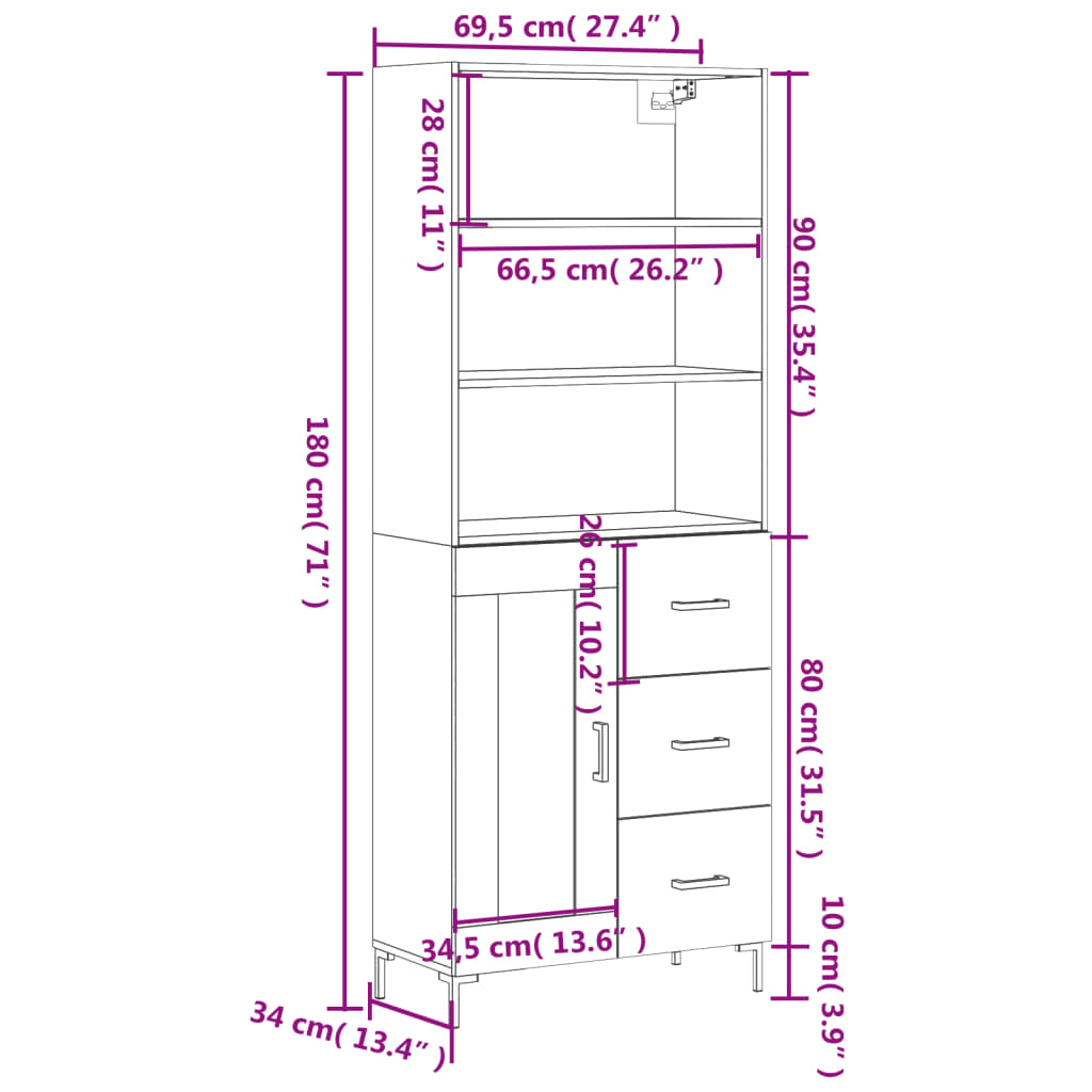 vidaXL Visoka komoda bijela 69,5x34x180 cm konstruirano drvo