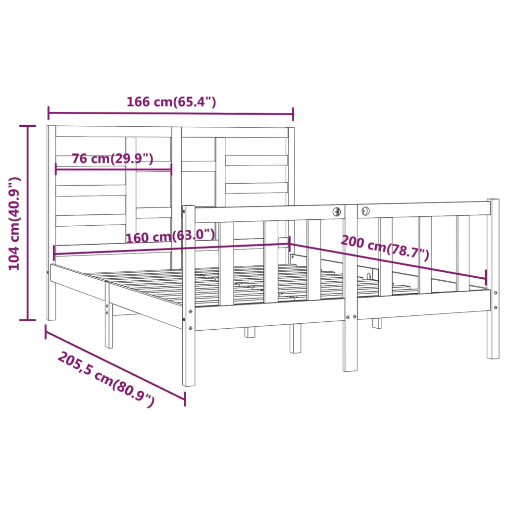 vidaXL Okvir za krevet od masivne borovine 160 x 200 cm