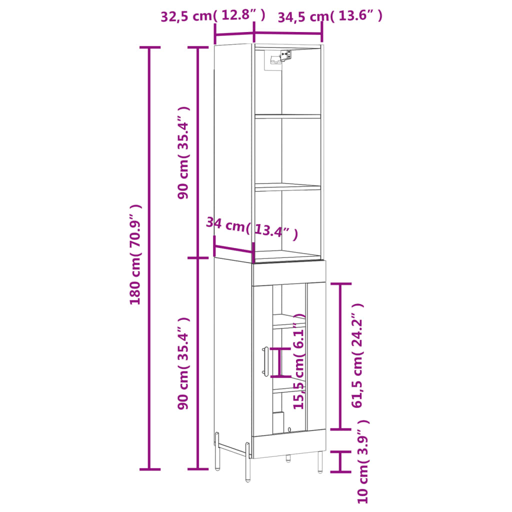 vidaXL Visoka komoda sjajna bijela 34,5x34x180 cm konstruirano drvo