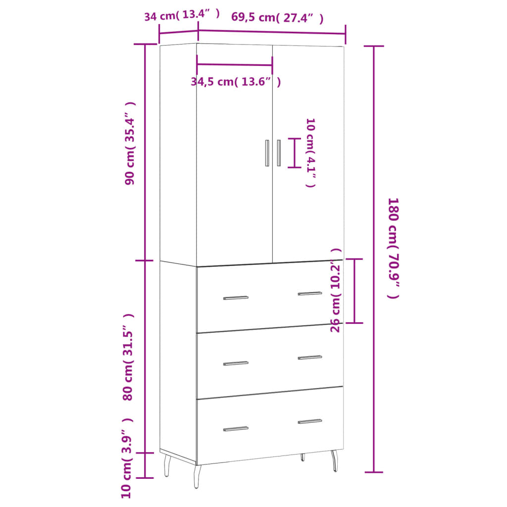 vidaXL Visoka komoda hrasta sonome 69,5x34x180cm od konstruiranog drva