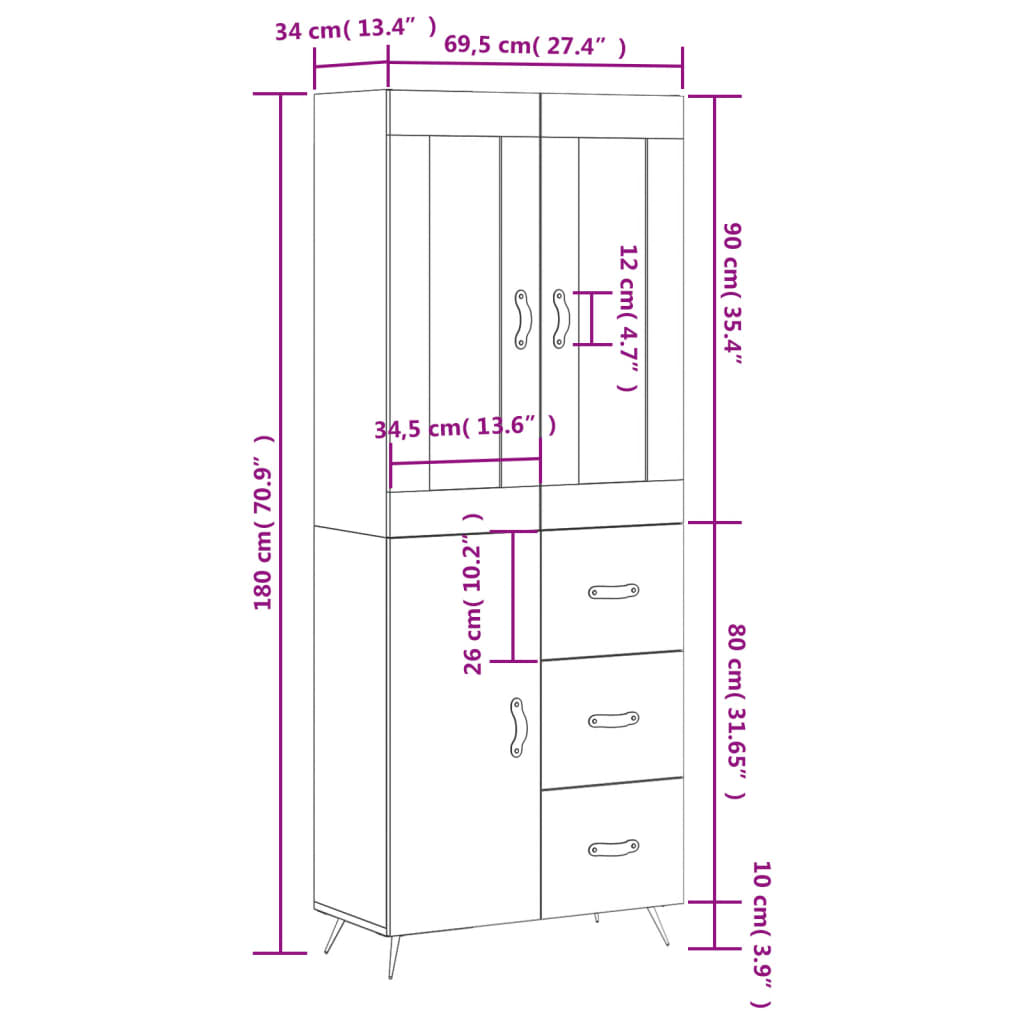 vidaXL Visoka komoda crni 69,5x34x180 cm konstruirano drvo