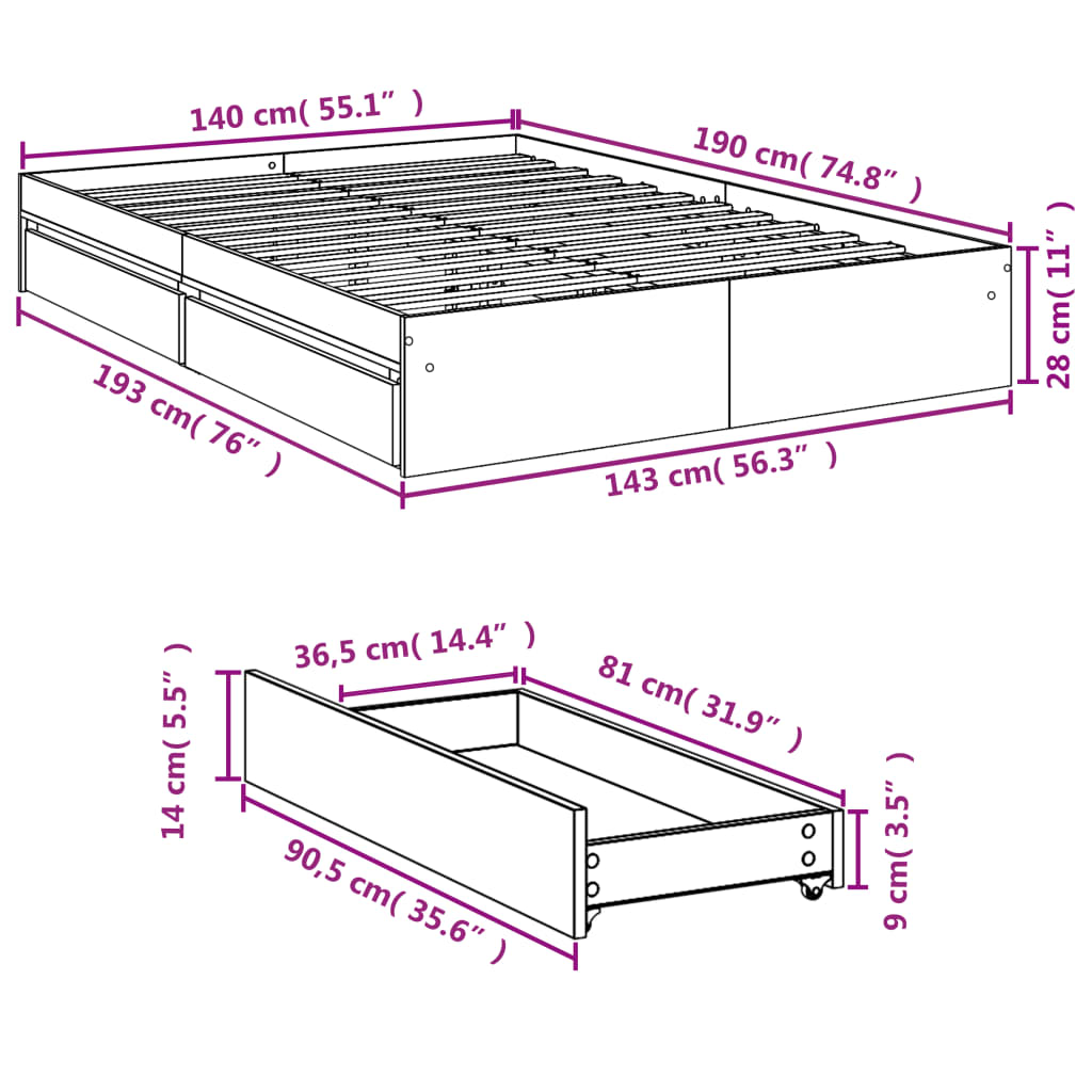 vidaXL Okvir kreveta s ladicama boja hrasta 140x190 cm