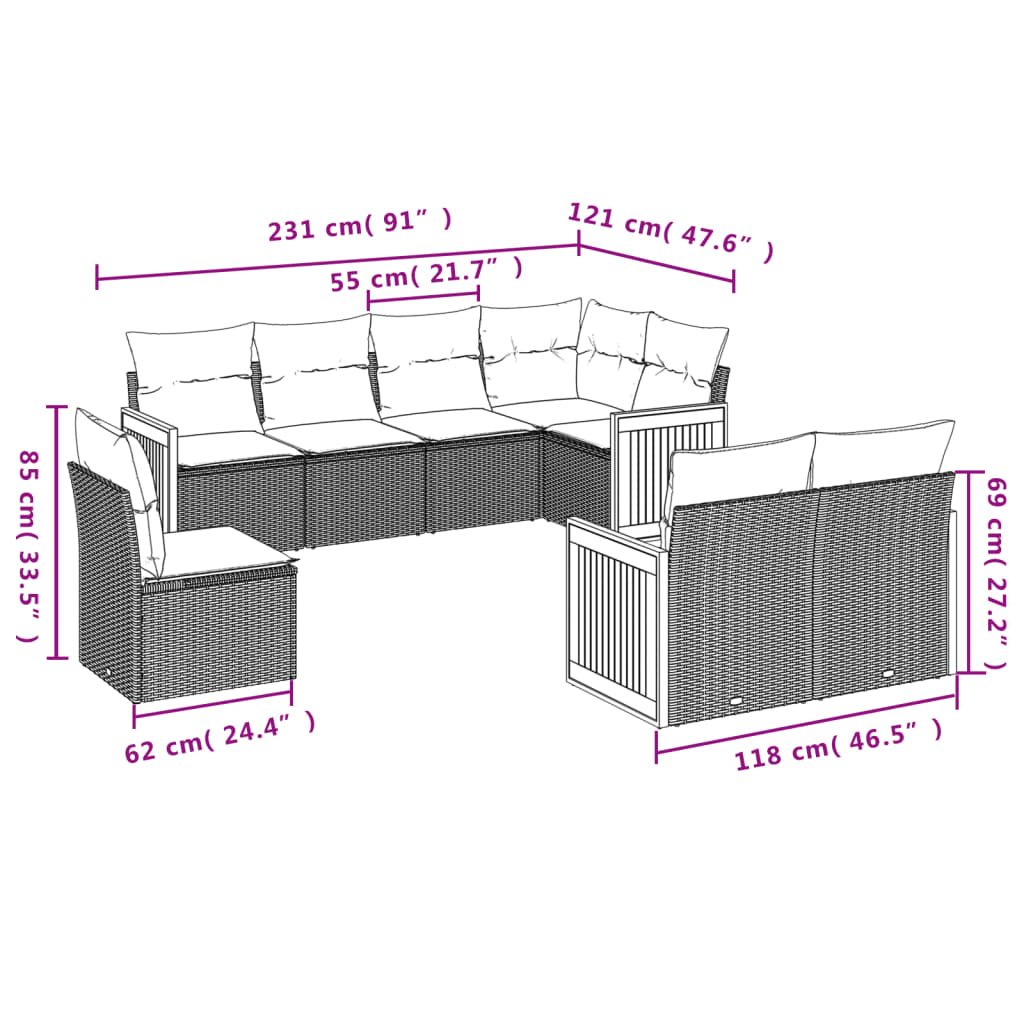 vidaXL 8-dijelni set vrtnih sofa od poliratana s jastucima crni