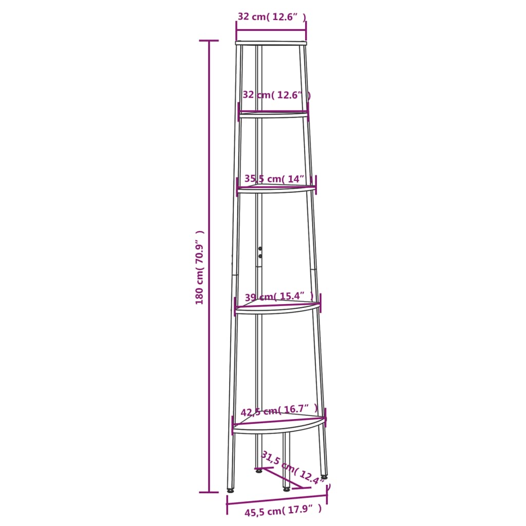 vidaXL Kutna polica s 5 razina crna 45,5 x 31,5 x 180 cm