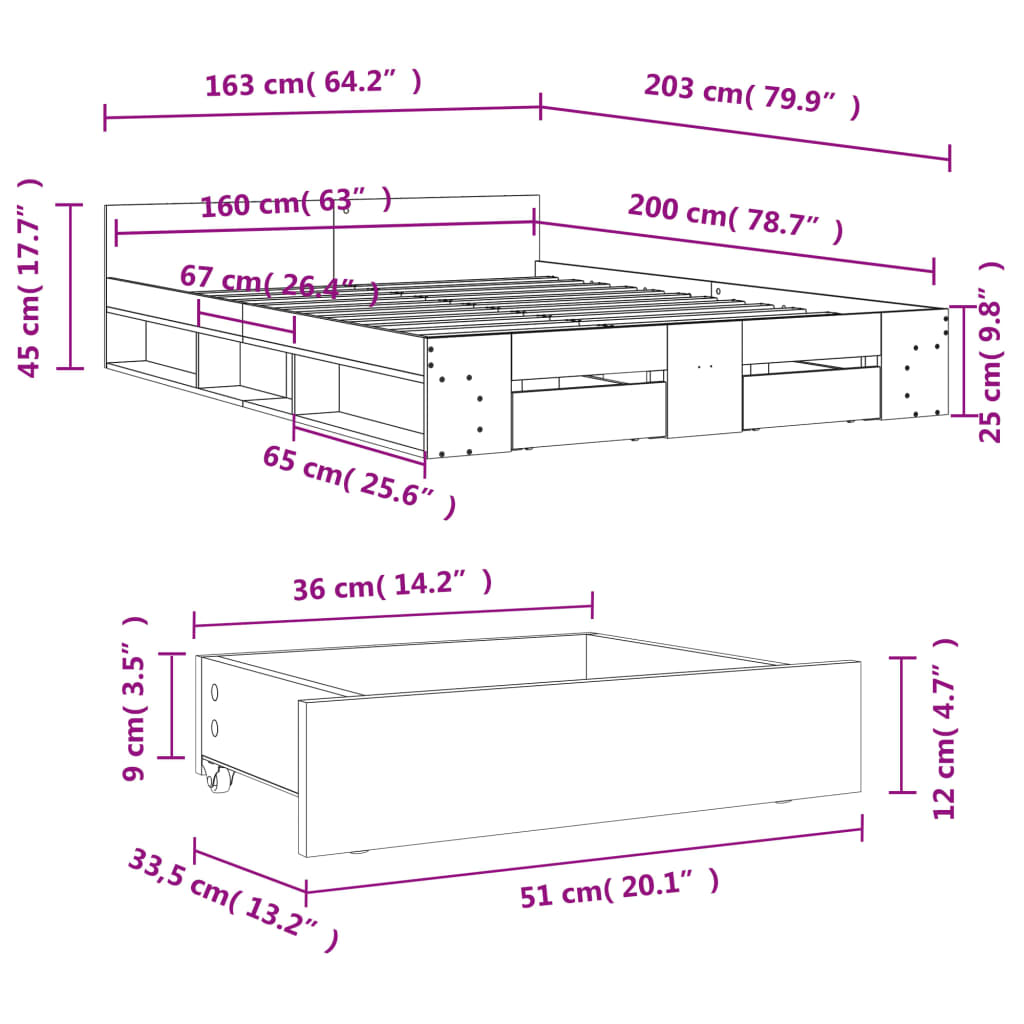 vidaXL Okvir za krevet s ladicama boja hrasta 160x200 cm drveni