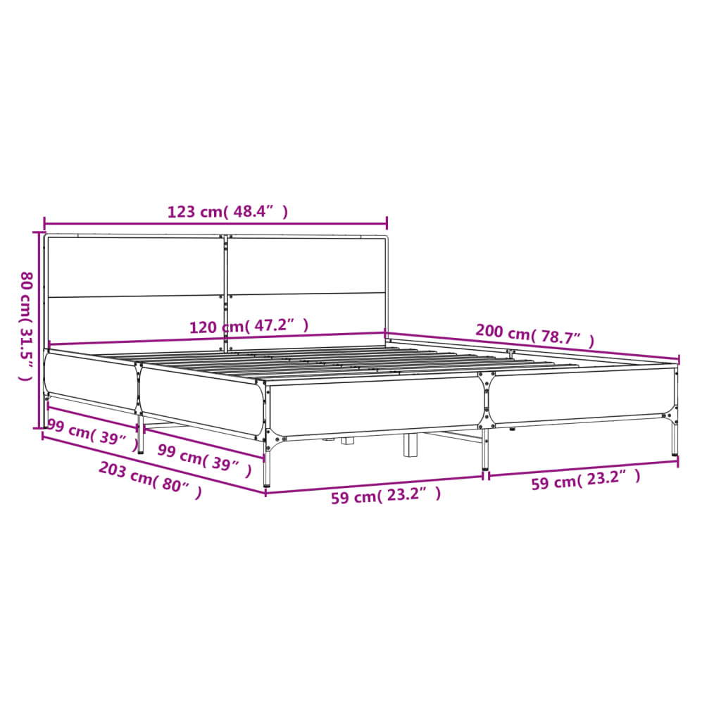 vidaXL Okvir kreveta boja hrasta 120x200 cm konstruirano drvo i metal