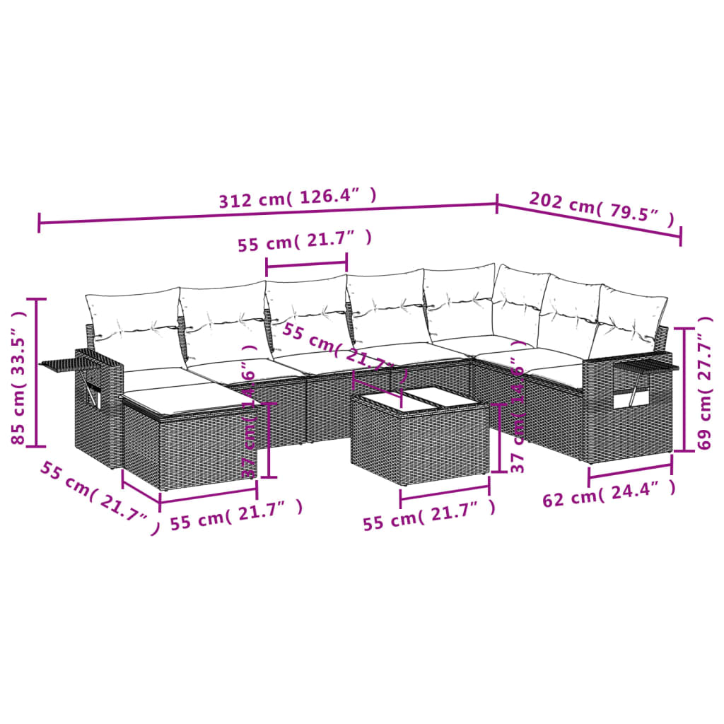 vidaXL 9-dijelni set vrtnih sofa s jastucima crni od poliratana