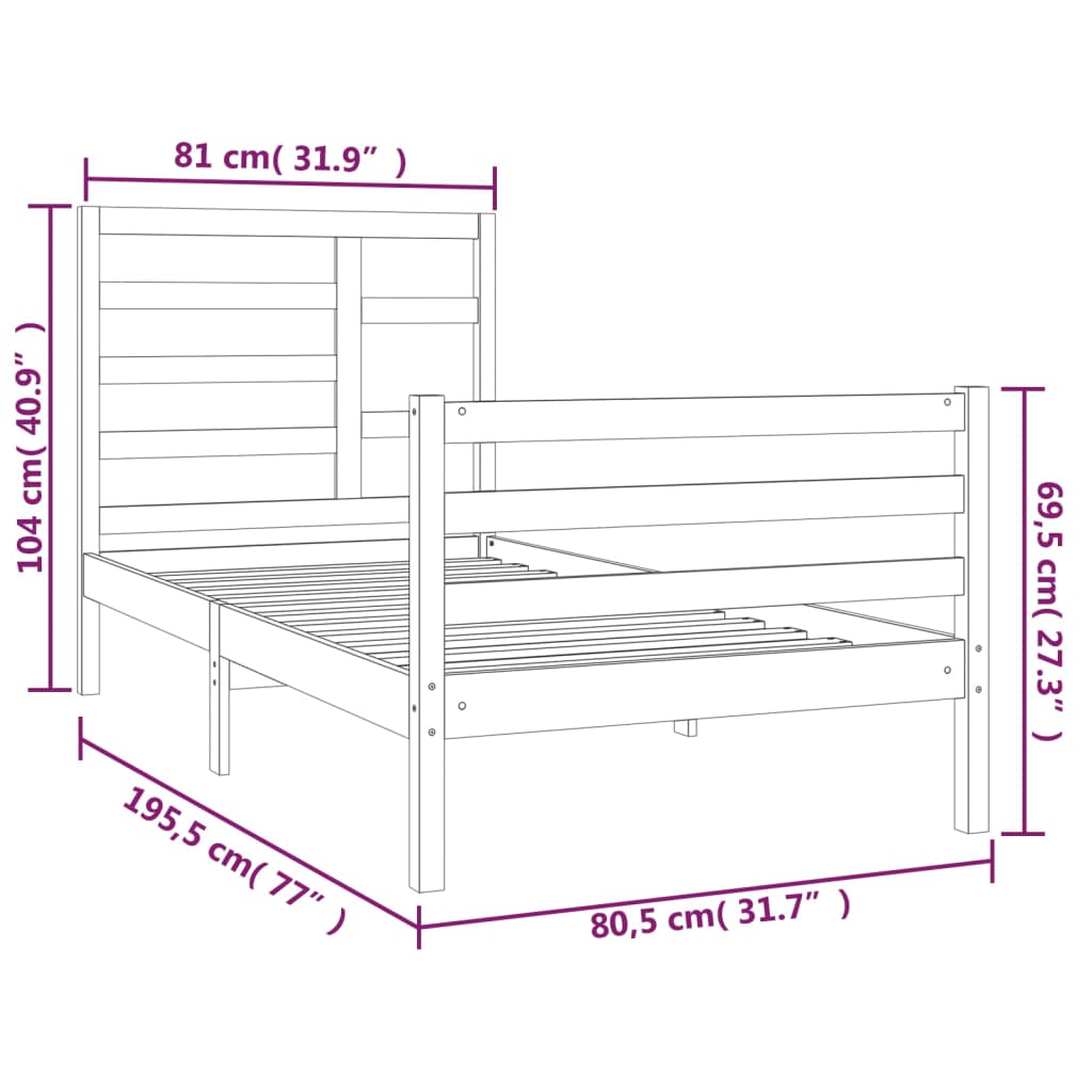 vidaXL Okvir za krevet od masivnog drva 75 x 190 cm jednokrevetni